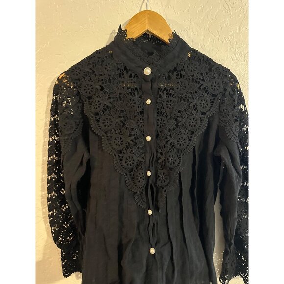 Y Black Cotton Goth Alt Wednesday Addams Style Victorian Lace Collared Blouse - Picture 8 of 12